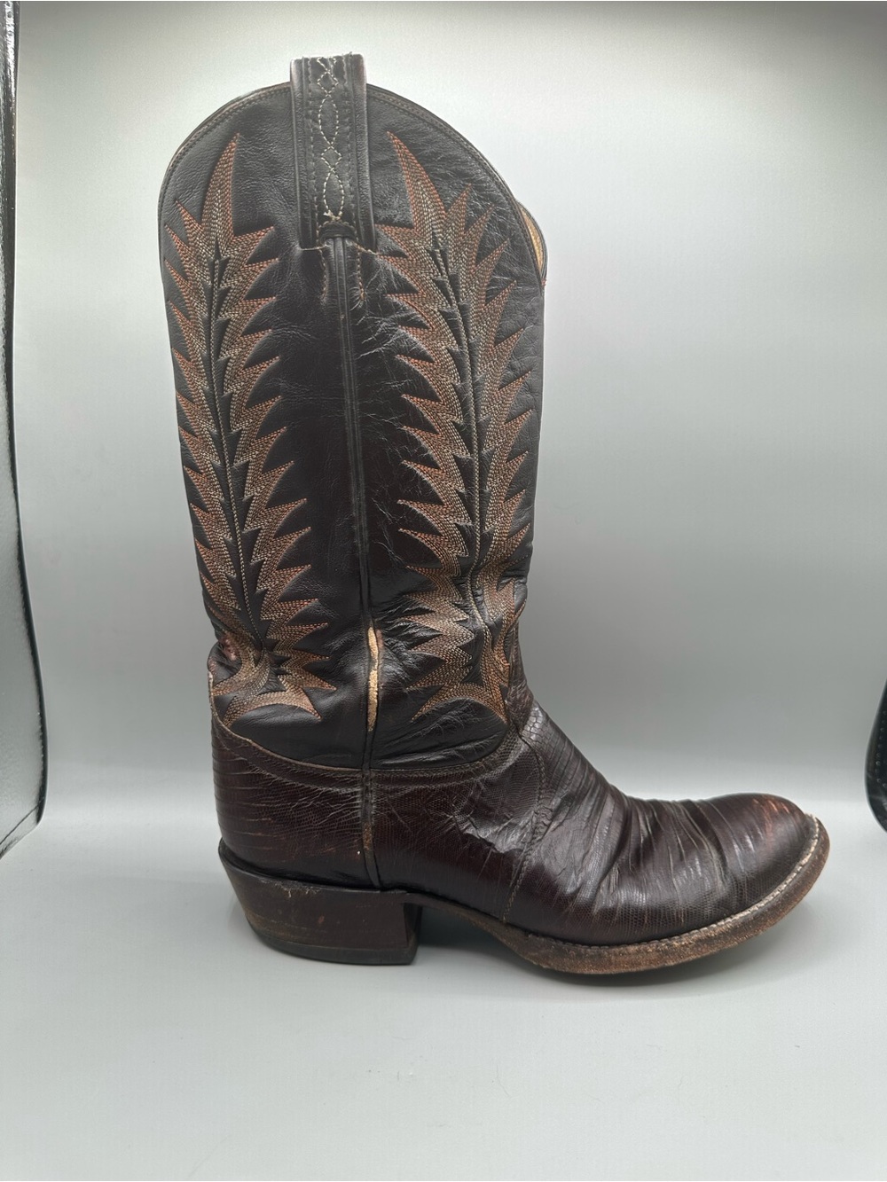 Tony Lama Lizard Leather 8574 Western Embroidered Cowboy Boots Men 7.5D Brown